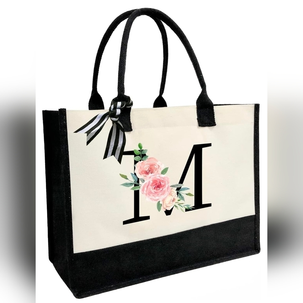 Monogrammed Floral Letter -M- Canvas Tote Bag Zipper Pocket Personalized Gift